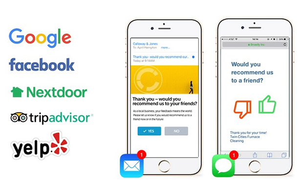 Two smartphones showing an app that generates reviews to appear on Google, Facebook, Nextdoor, Tripadvisor, and yelp