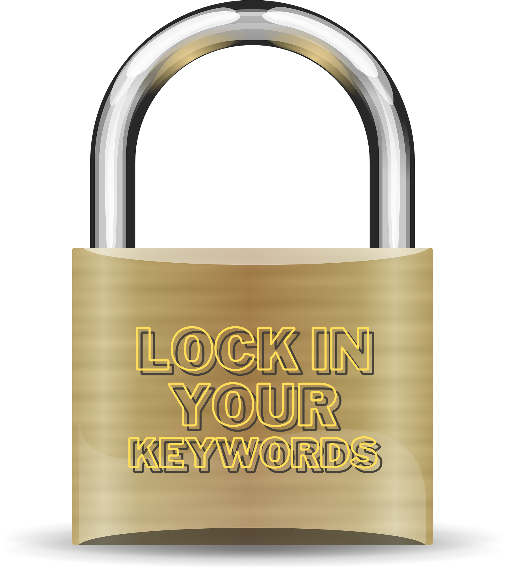 A lock with the words "Lock In Your Keywords" embossed on its side.