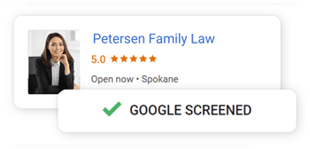 A search results listing of Petersen Family Law, endorsed as Google Screened 