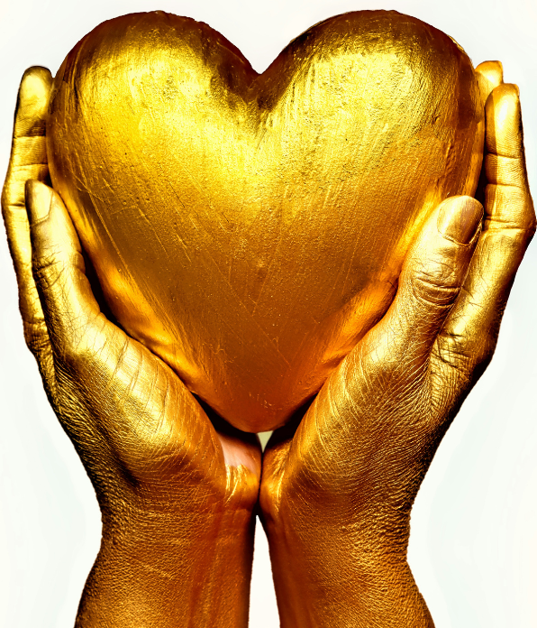 Golden hands holding a golden heart