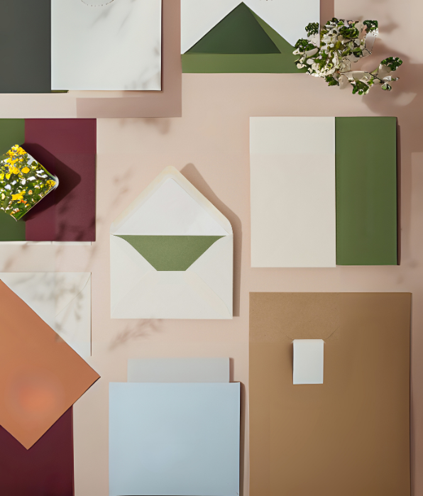 Envelopes and stationery spread out on a table