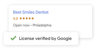 A search results listing of Best Smiles Dentist, endorsed as License Verified by Google