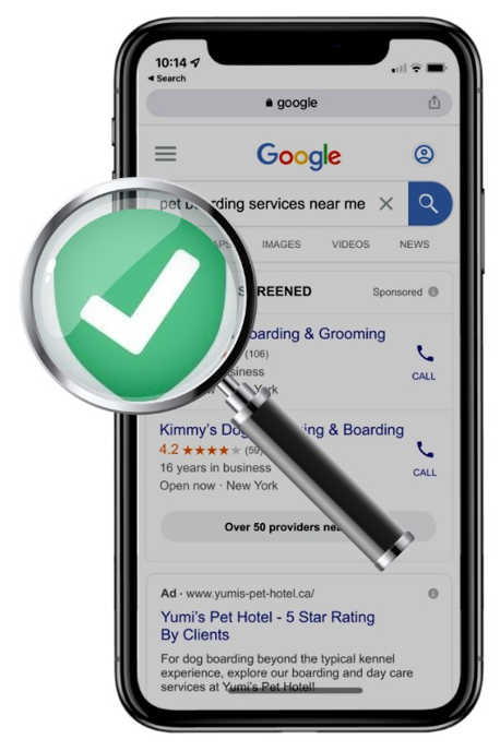 Smart phone showing the local service ads area of a google search results first page and a magnifying lens with a check mark representing a Google endorsement