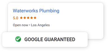 A search results listing of Waterworks Plumbing, endorsed as Google Guaranteed